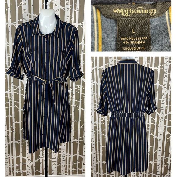 Millenium Navy Blue Mustard Yellow Striped Button Front Shirt Dress sz L - Picture 1 of 7